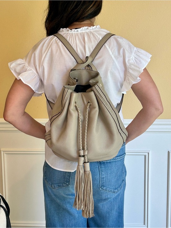 Pebbled Taupe Drawstring Backpack with Decorative Tassel